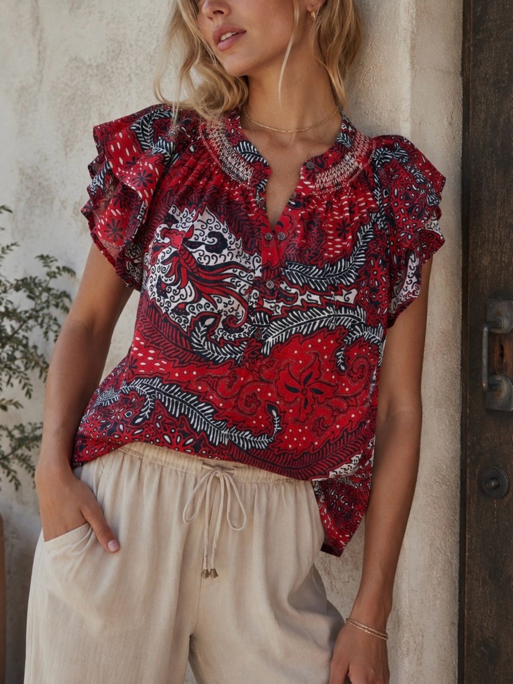 XiRENA Red Paisley Floral Print Cotton Flutter Sleeve Smocked Top Size XS